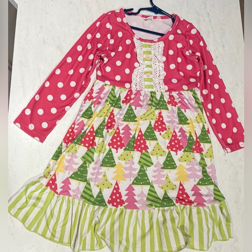 Pink Polka Dot and Christmas Tree Dress